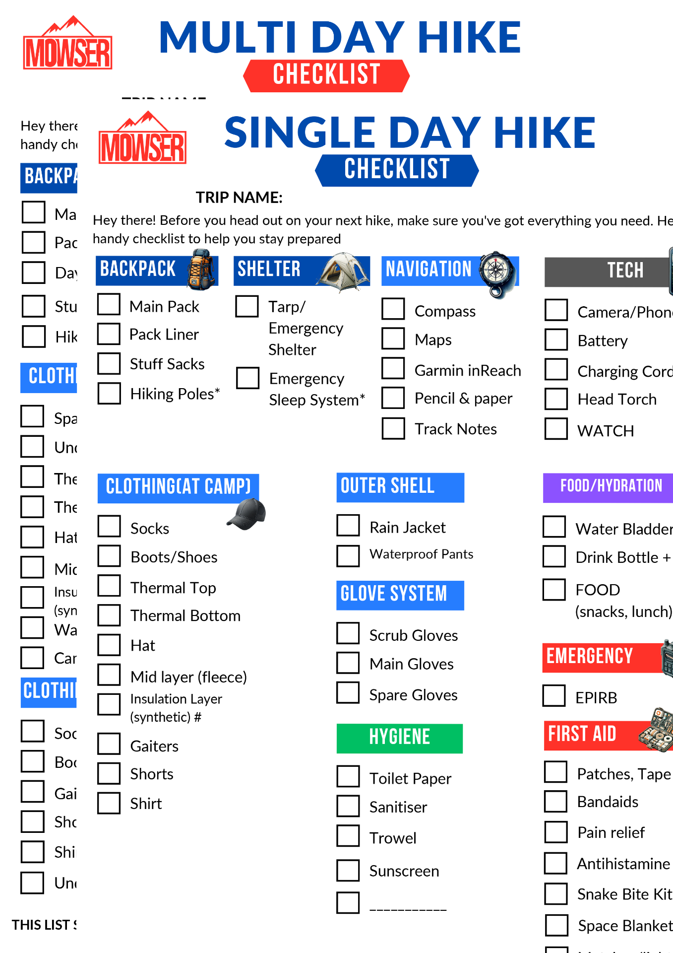 Multi Day and Single Day Hike Packing Checklists